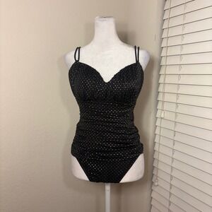 Magicsuit by Miraclesuit black and gold ruched slimming one piece swimsuit sz 10